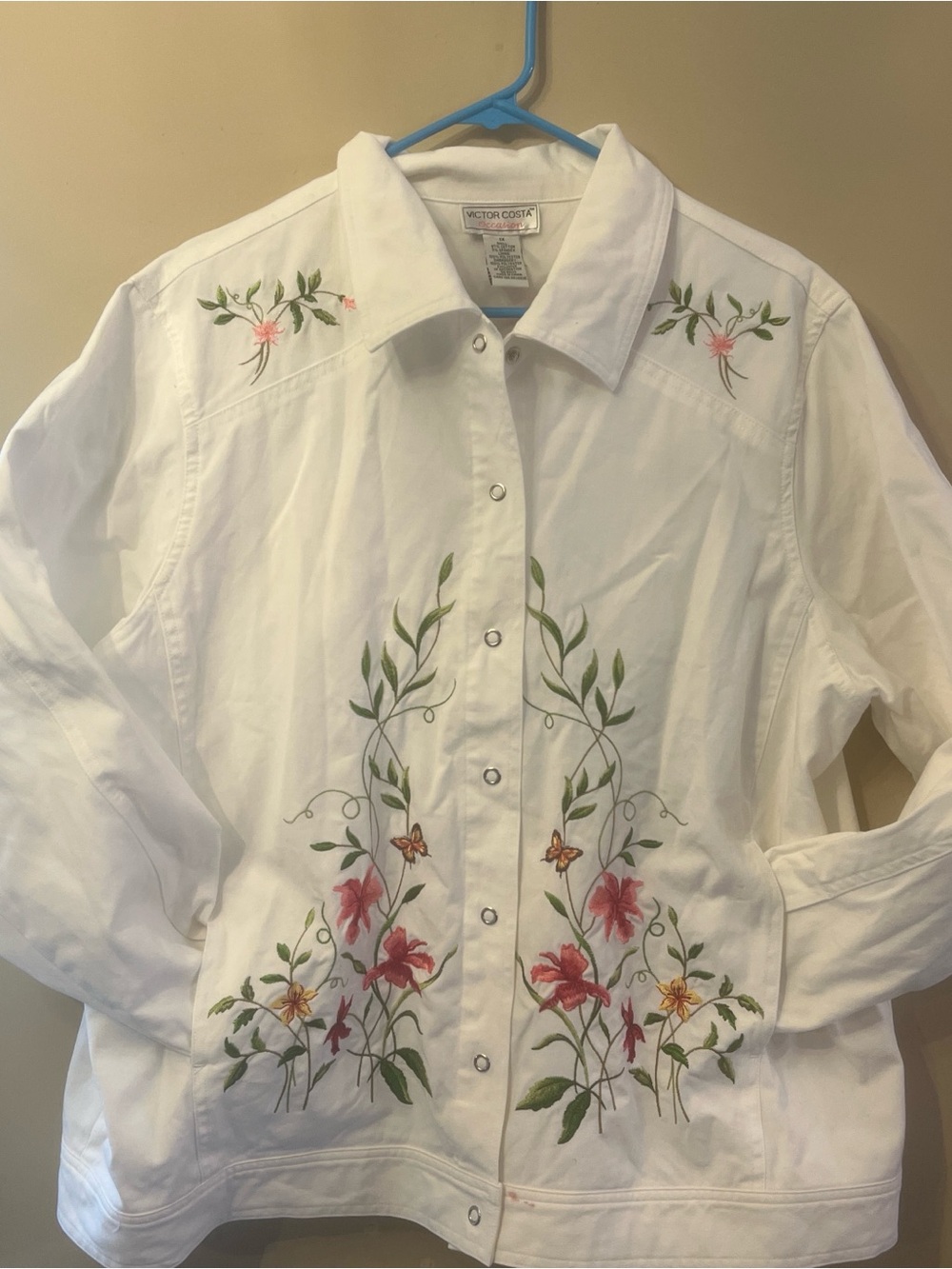 Victor Costa White Snap-Front Shirt Jacket with Subtle Pink Accent